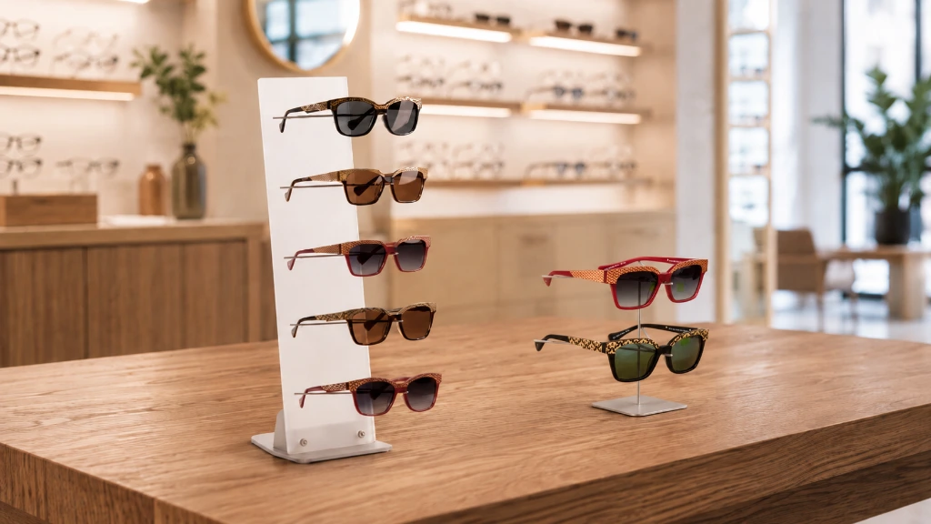Tafeldisplays voor brillen in optiekwinkel