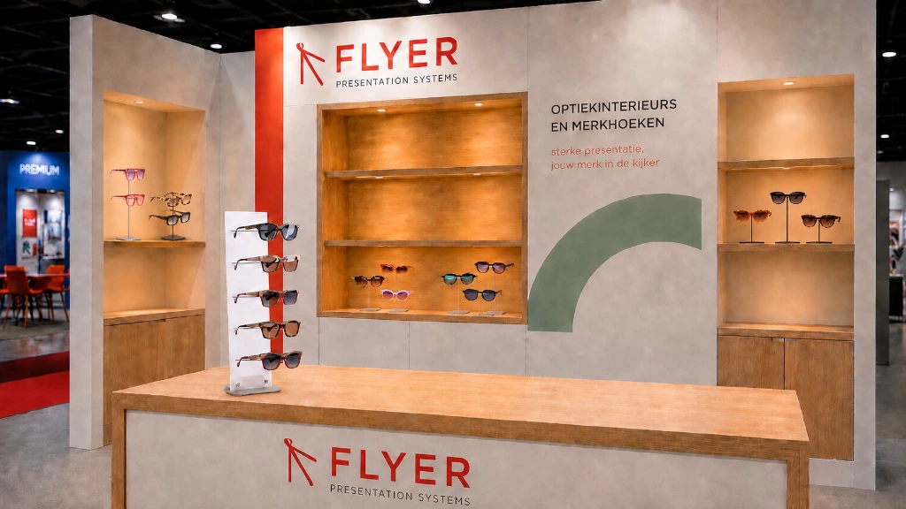 Beursstand met multidisplay voor 5 brilmonturen