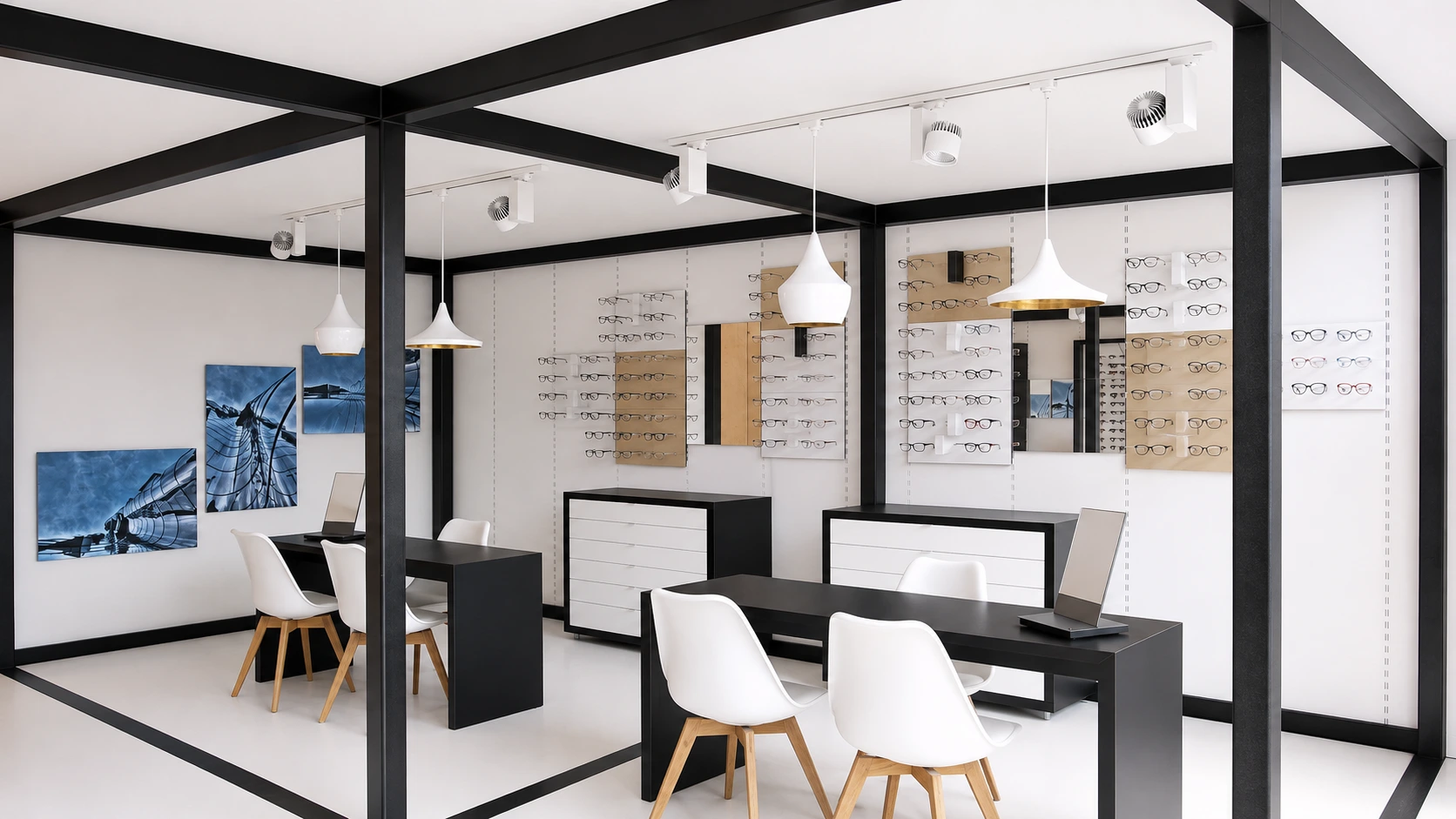Optiekinterieur van Optiek Plaghki met FLYER-presentatiesysteem